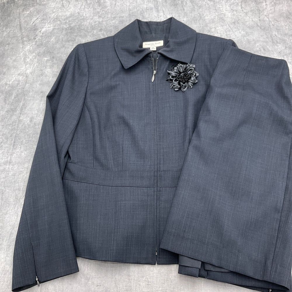 Amanda Smith Skirt Suit Women 6/26W Gray Zip Floral Pin Peplum Classic Career‎